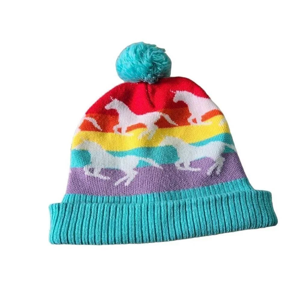 Rainbow horse winter hat with pompom OS